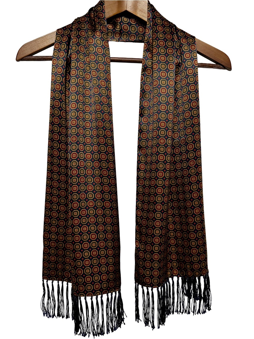 100% Silk Geometric Scarf Navy Burgundy Gold Fringe Quiet Luxury